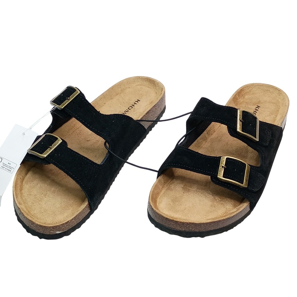 Khombu Double Strap Slide Sandals Women Size‎ 9 Black Faux Suede Cork Footbed